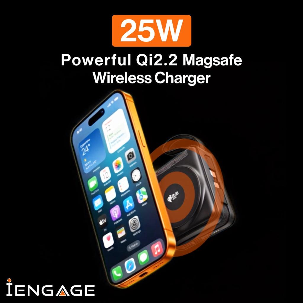 iEngage 10000mAh Semi-Solid Battery Qi2.2 MagSafe Power Bank with Built-In Cable