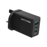 RavPower 2-Port USB-C and 1-Port USB-A PD 65W GaN Wall Charger - Black