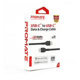 Promate Power Beam 60W USB-C to USB-C Fast Charging Data Cable Black