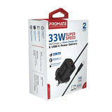 Promate 33W Super Speed USB-C PD QC Wall Charger Black