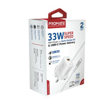Promate 33W Super Speed USB-C PD QC Wall Charger White